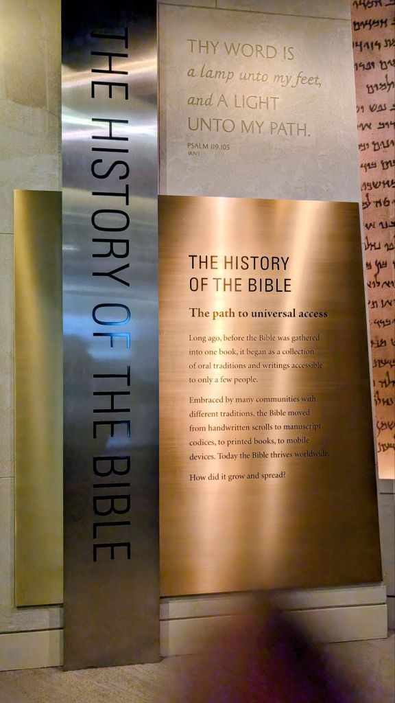 Image of a large sign highlighting "The History of the Bible"
